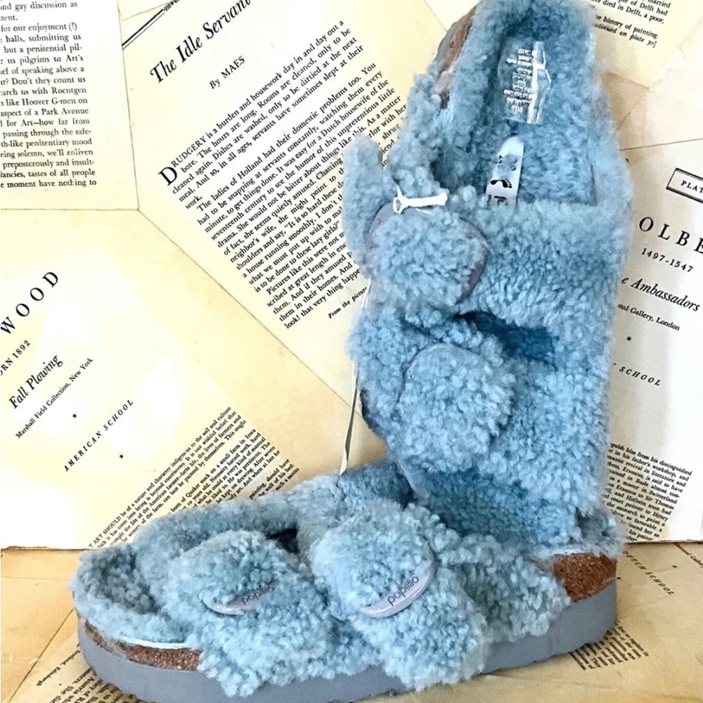 Free People Birkenstock Arizona Teddy Shearling Sandal Aqua Blue Thick Platform